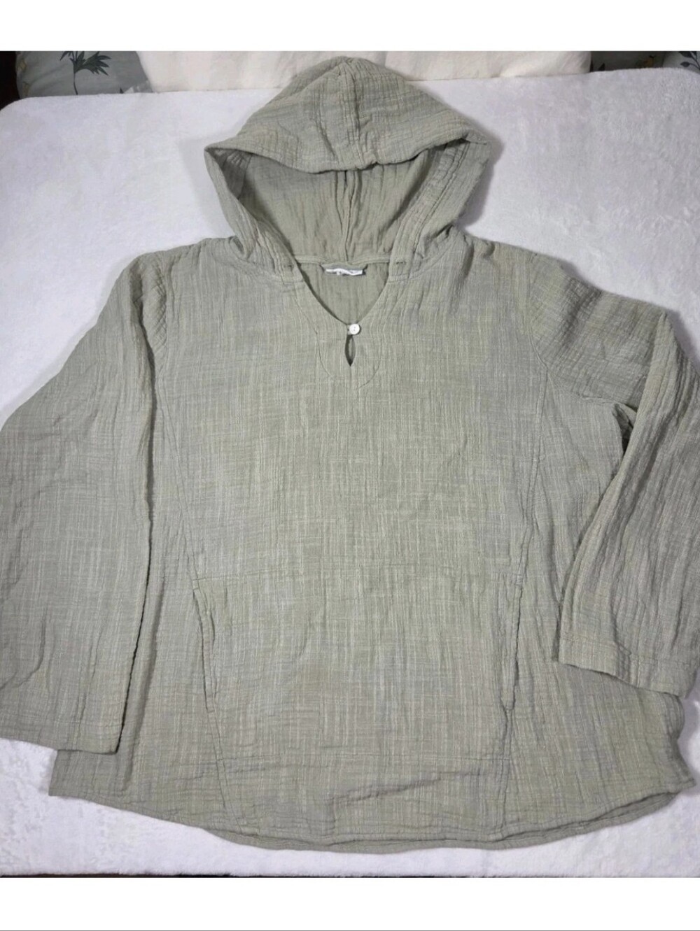 Pure Jill Hoodie Green Double Gauze Crinkle Top Long Sleeve Hooded Pullover L